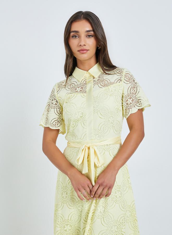 Styli Women Yellow Lace Shirt Maxi Dress - Image 1